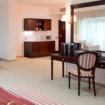 a room with a mirror and a desk