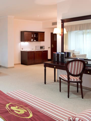 a room with a mirror and a desk