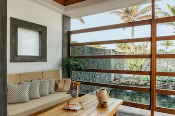 a room with a couch and a table