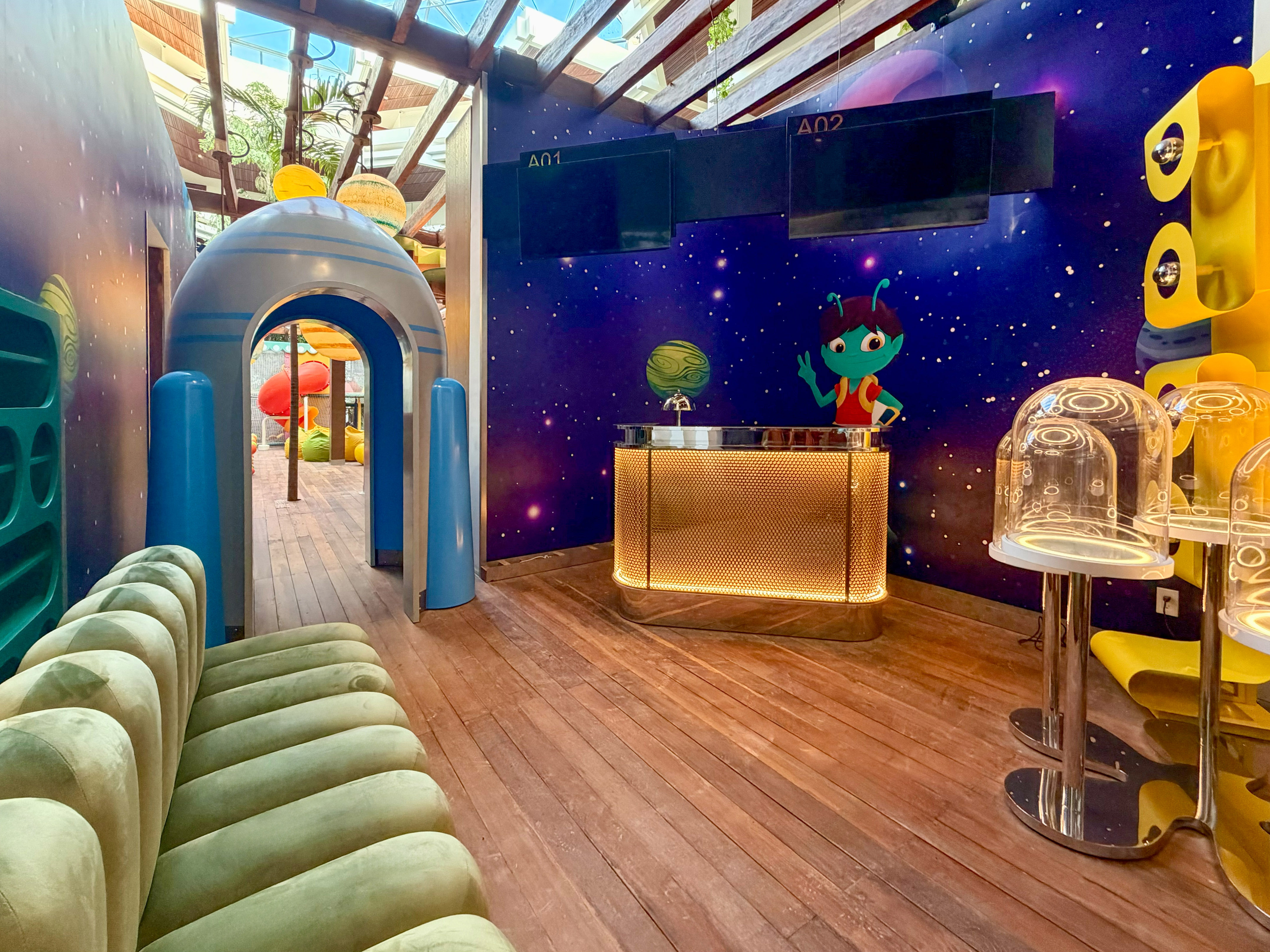 a room with wooden columns and toys