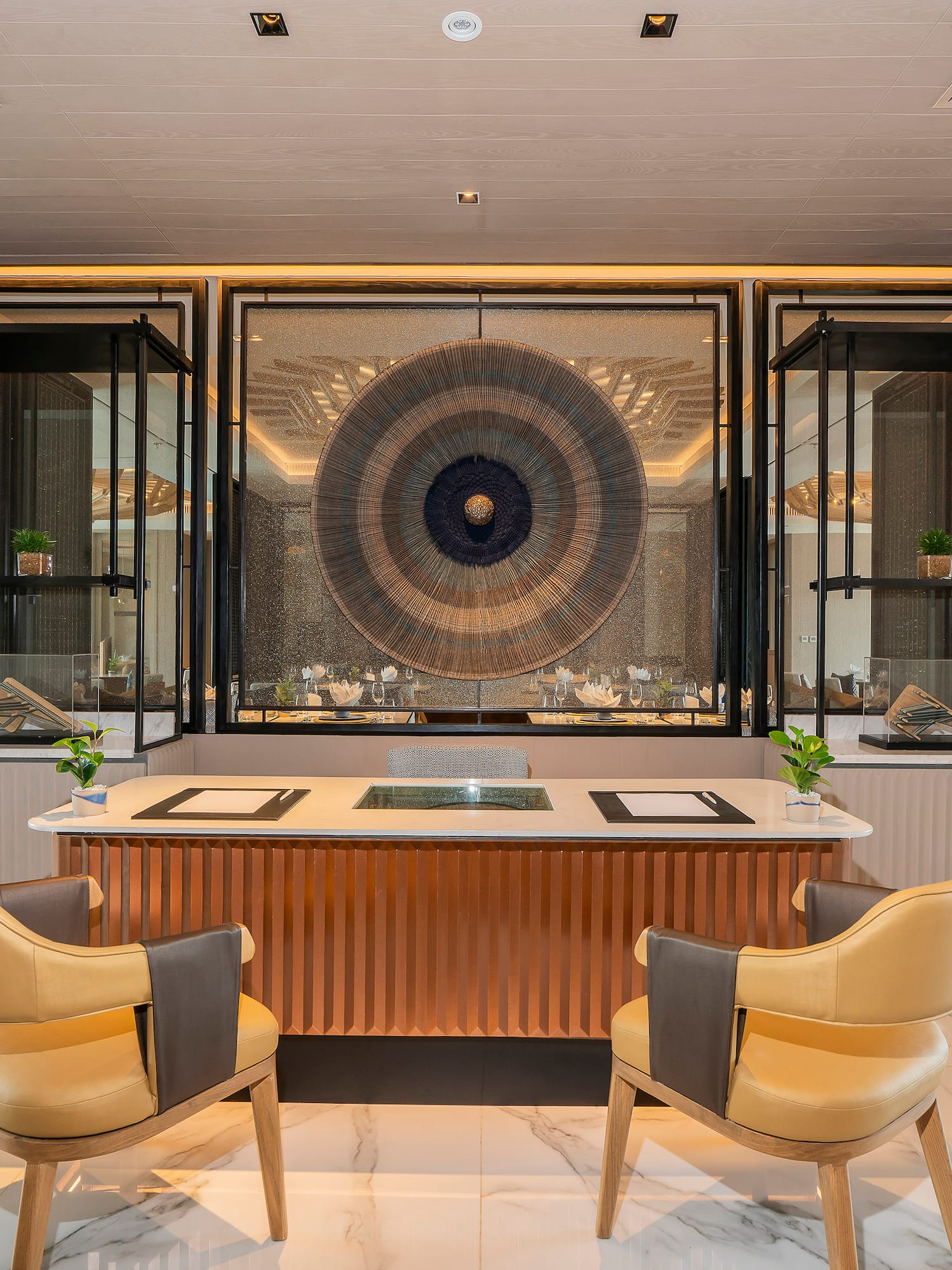 a room with a table and chairs