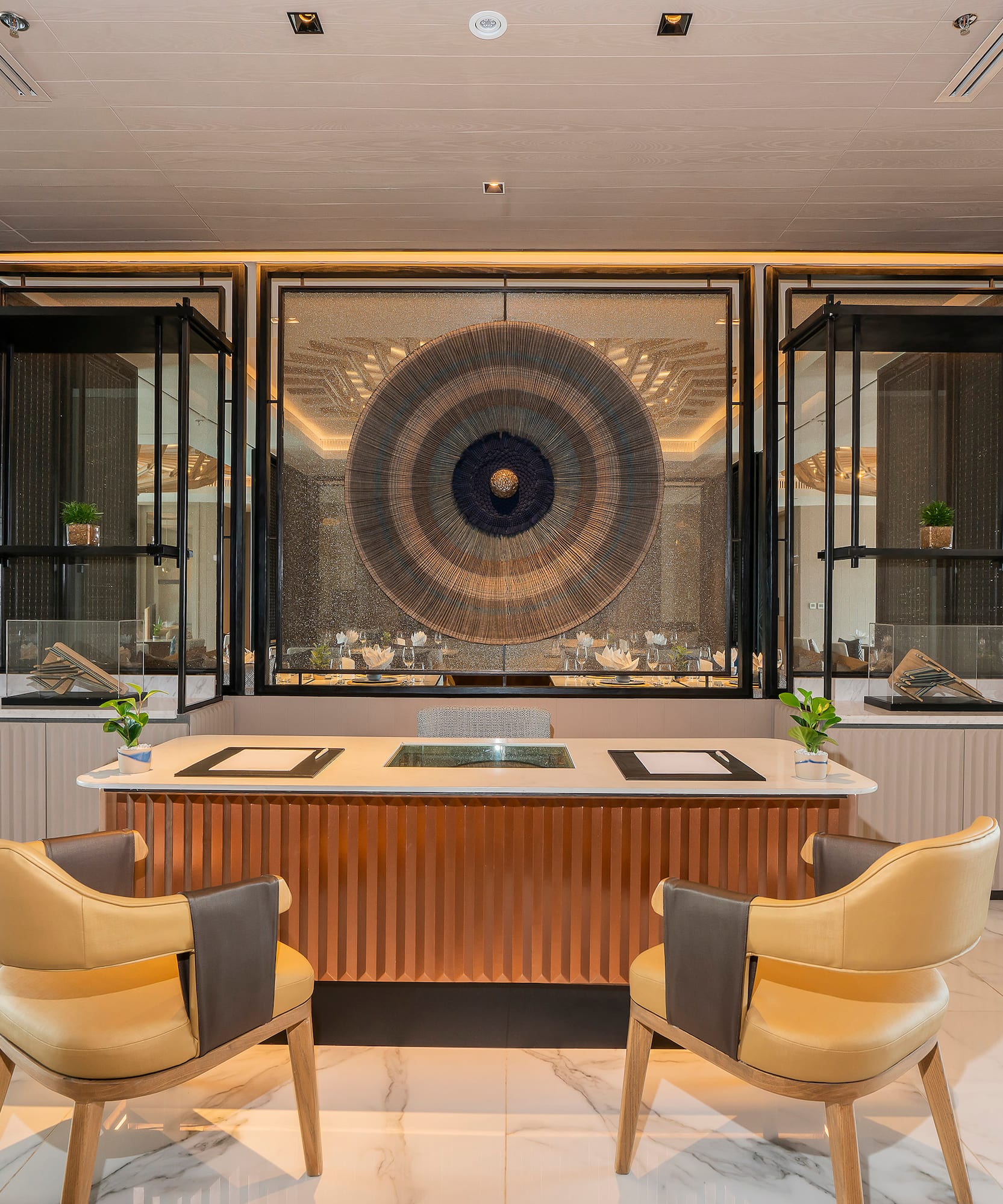 a room with a table and chairs