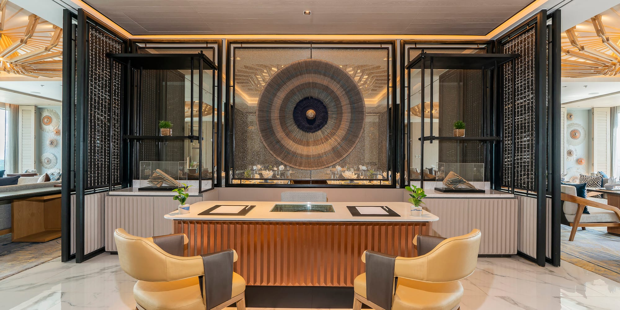 a room with a table and chairs