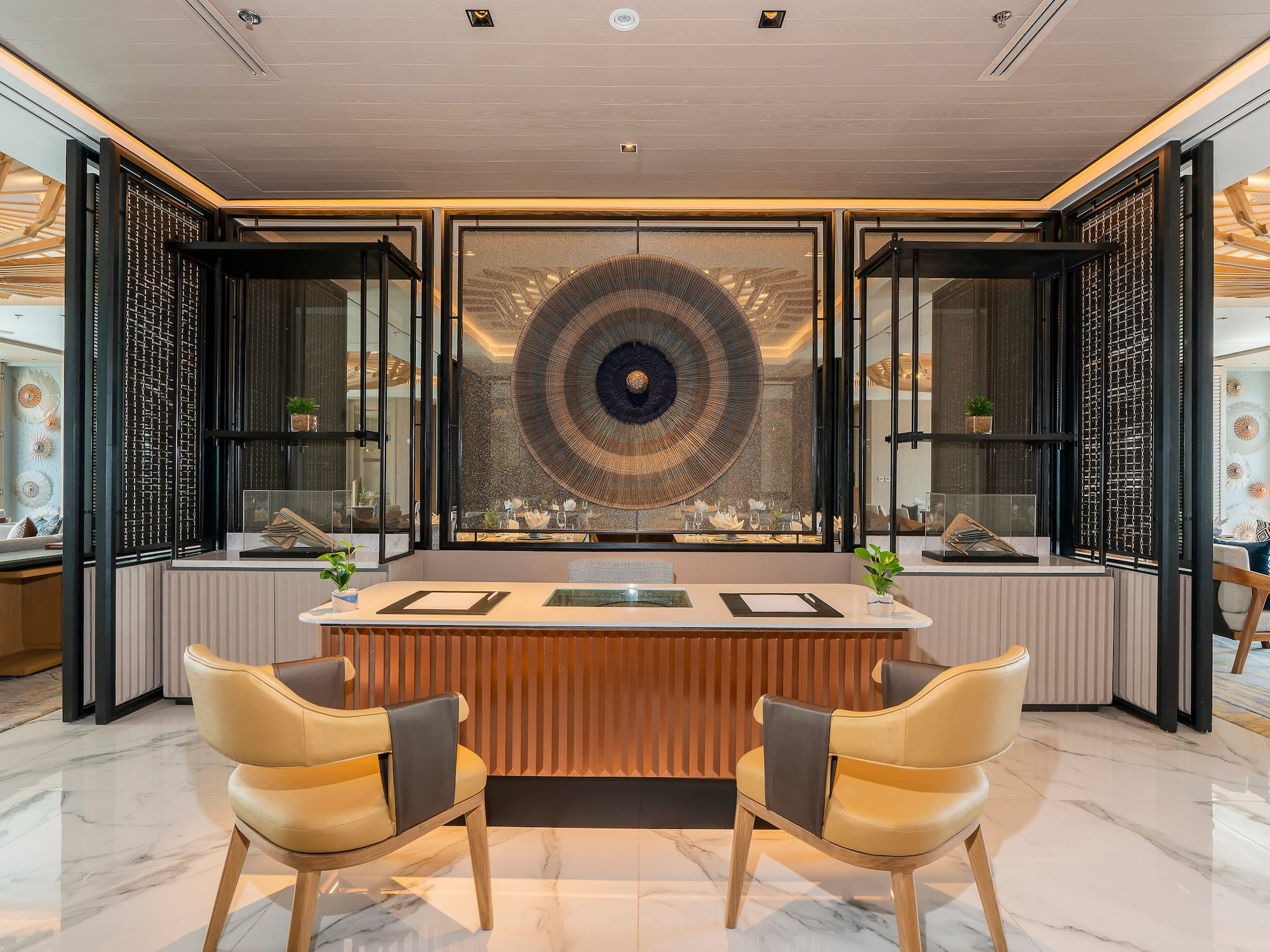 a room with a table and chairs