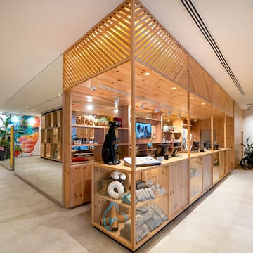 a store with a glass wall and shelves
