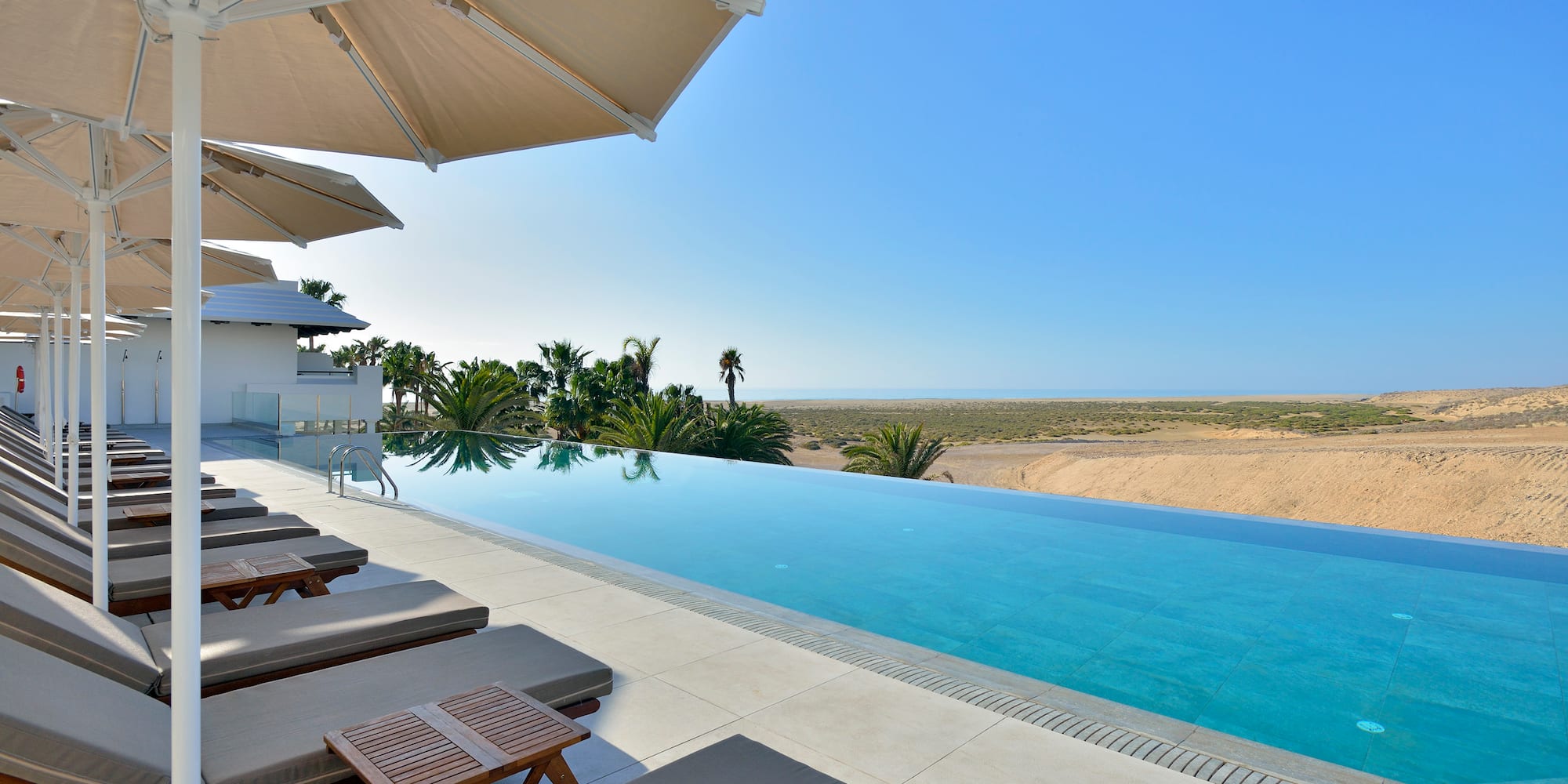 Resort infinity pool, ocean view, desert, lounge chairs, palm trees.
