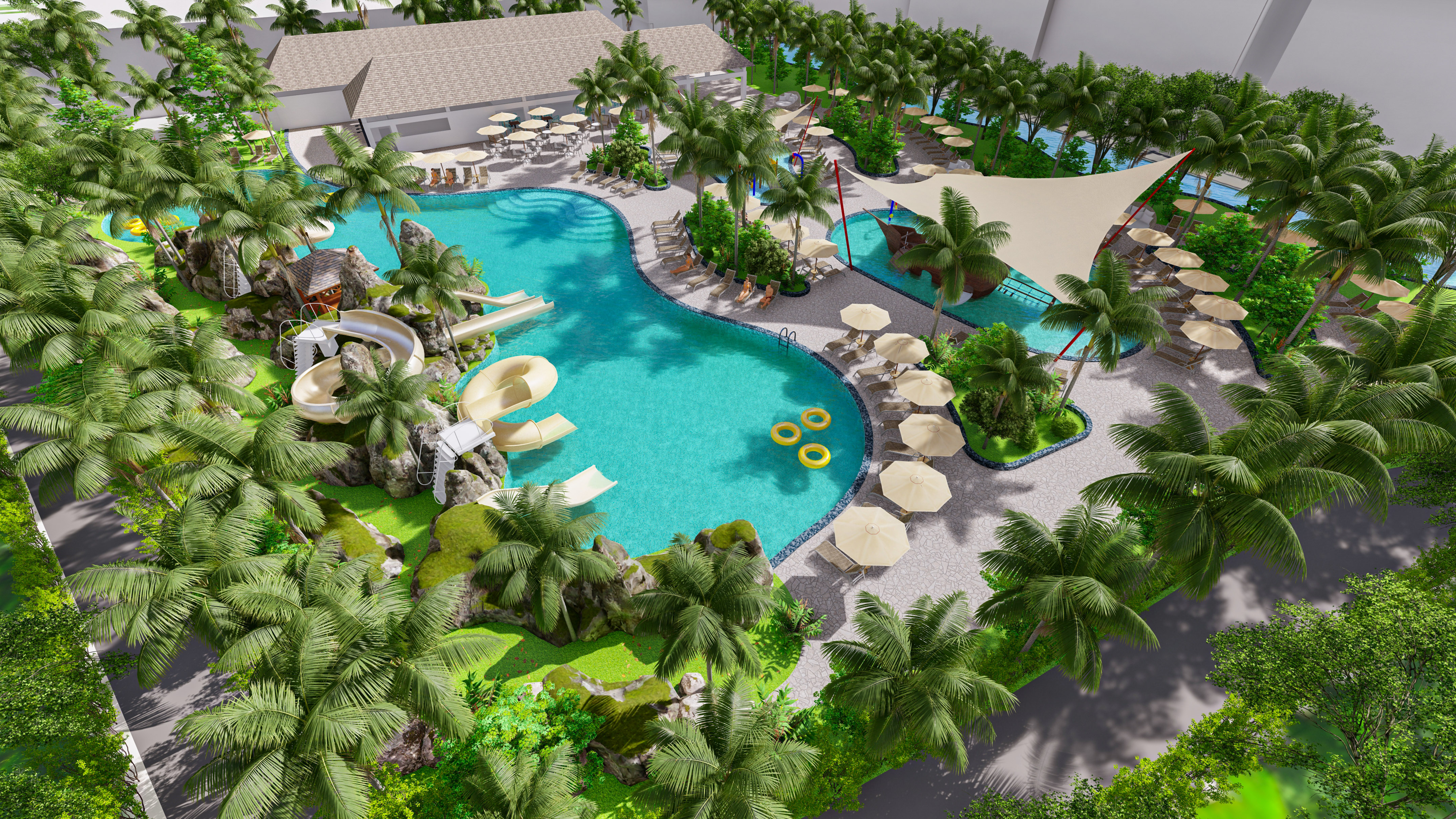 a pool with trees and a water slide