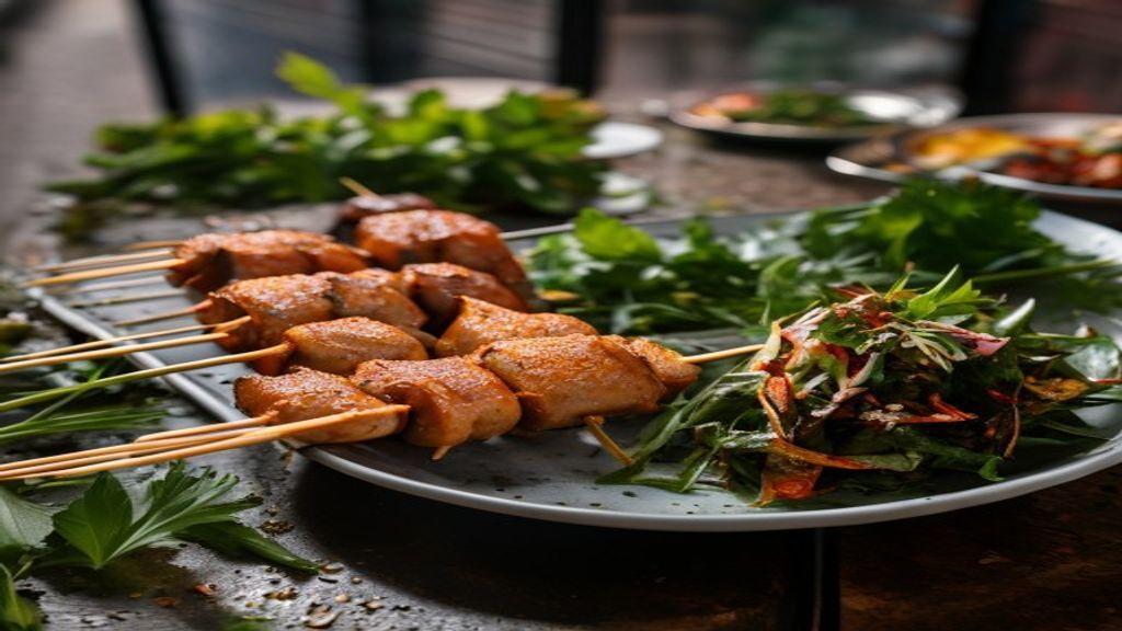 Grilled chicken skewers with fresh herbs and mixed green salad.