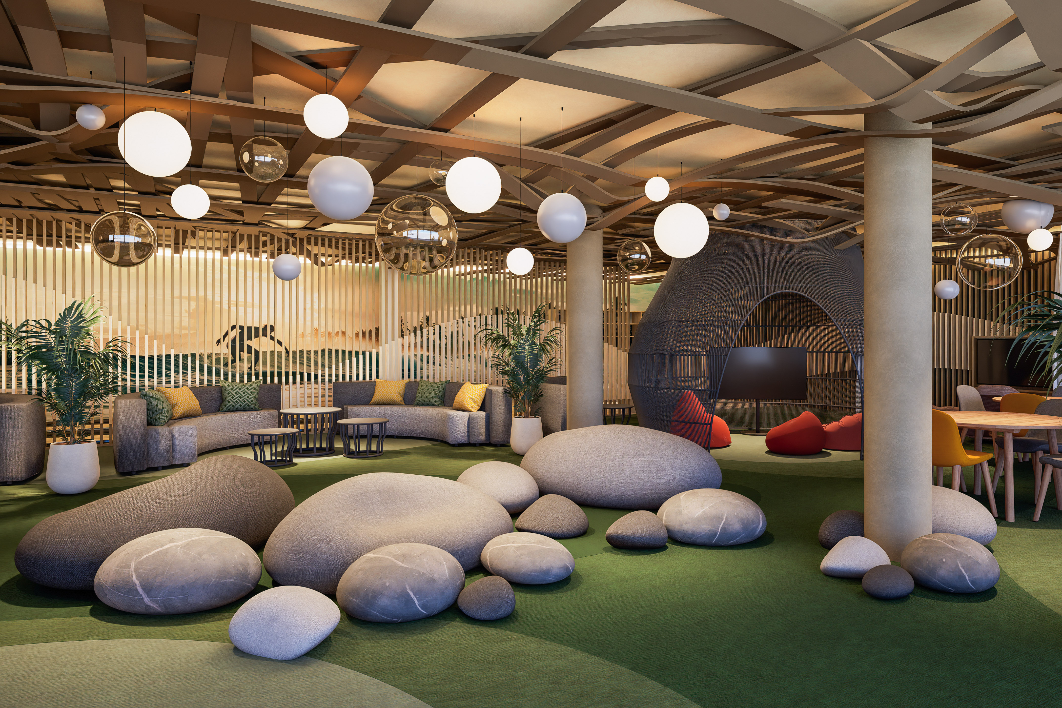 a large room with large rocks and a round object