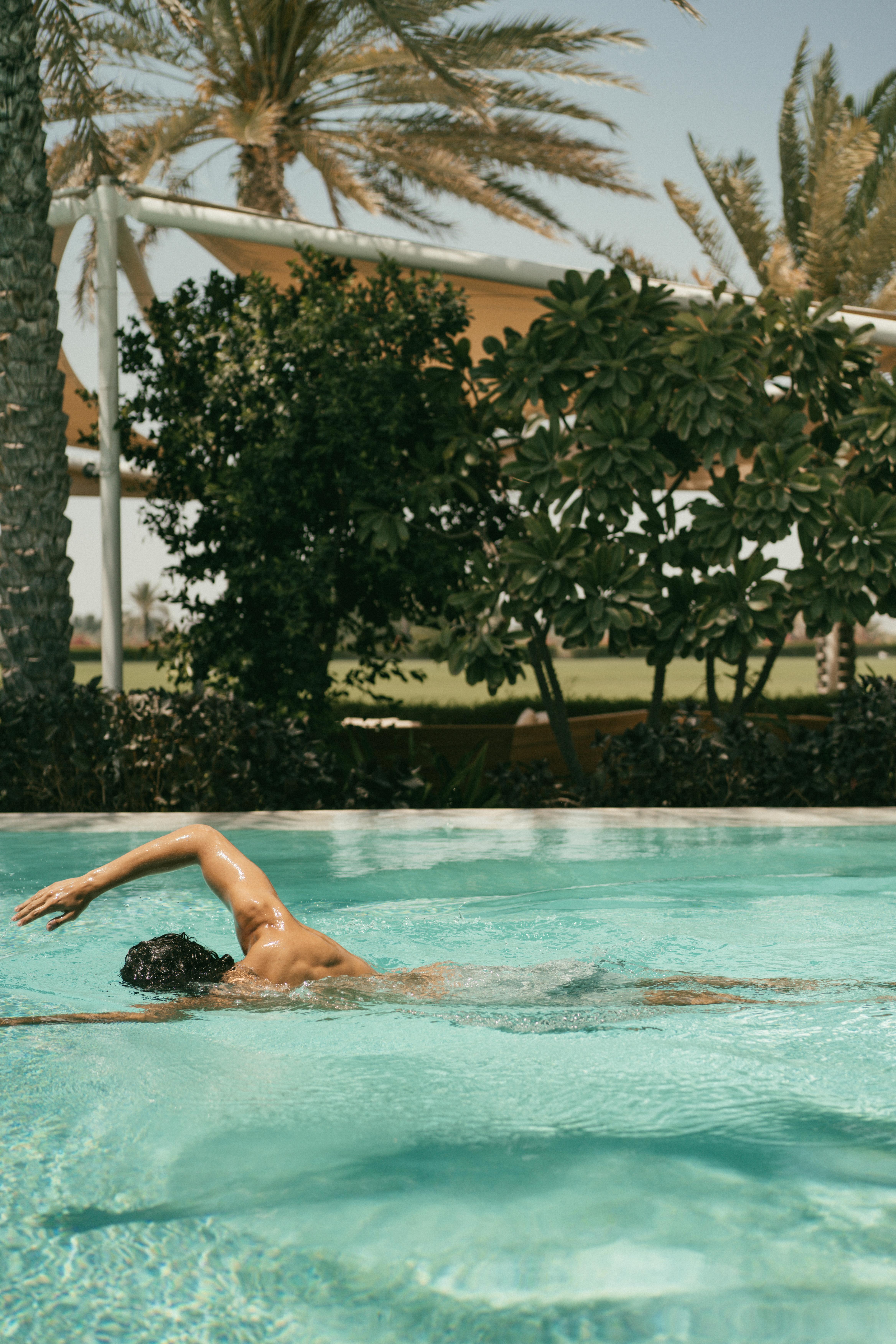 Swimmer doing laps in a clear blue resort pool with palm trees.