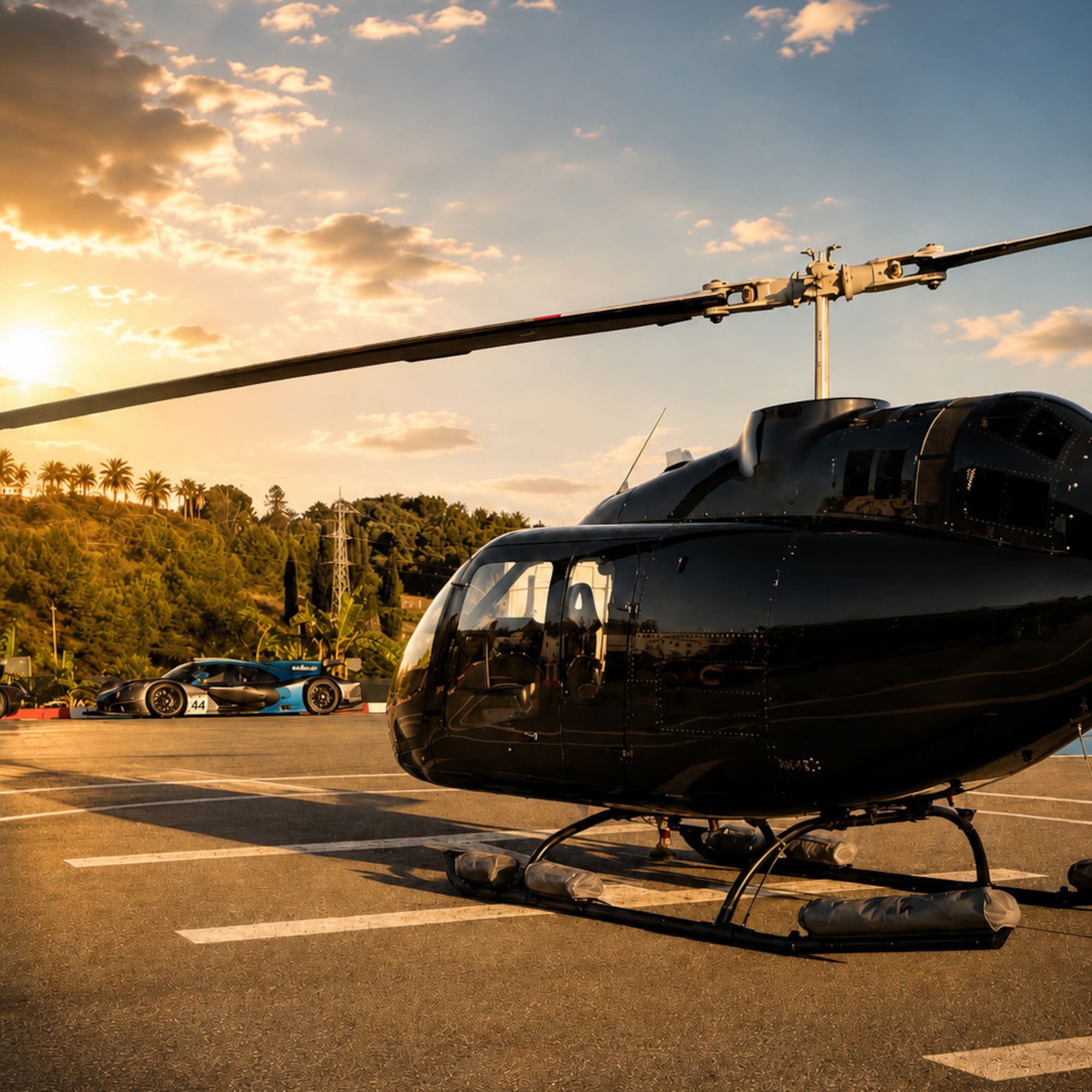 Luxury black helicopter & blue racing car on helipad at sunset.