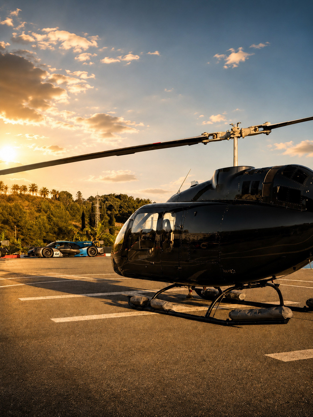 Luxury black helicopter & blue racing car on helipad at sunset.