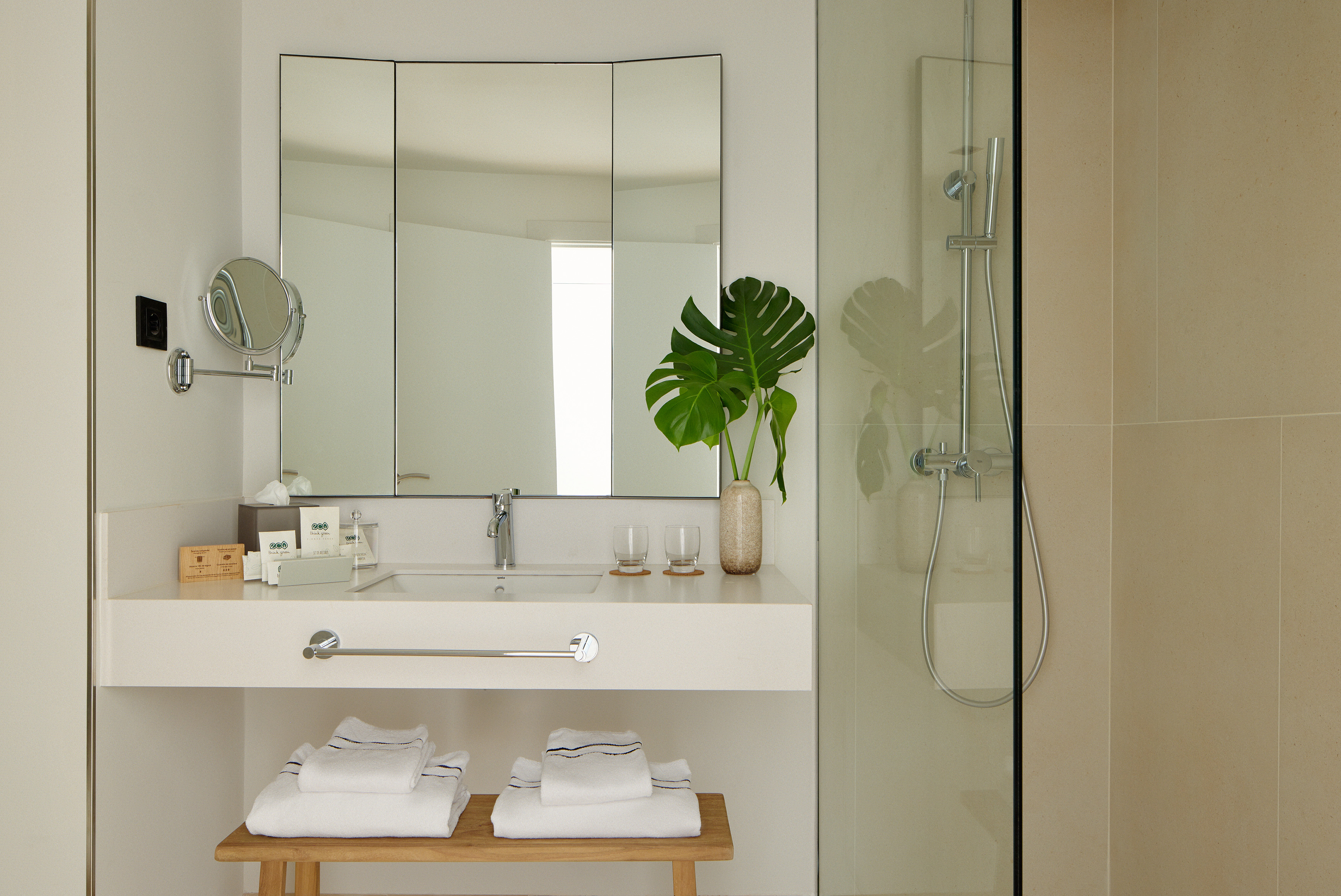 Modern bathroom vanity with sink, mirror, Monstera plant, and glass shower.