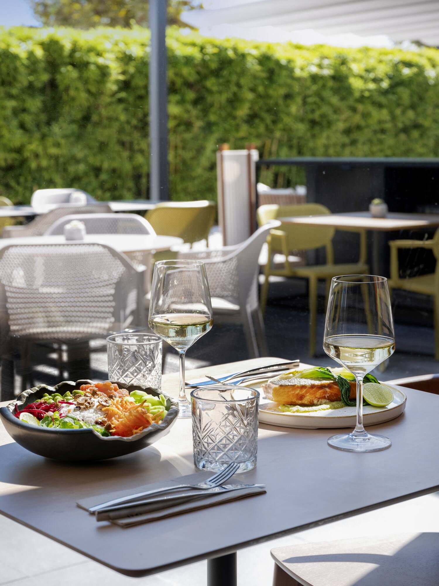 Restaurant patio meal: grilled salmon, fresh salad, white wine.