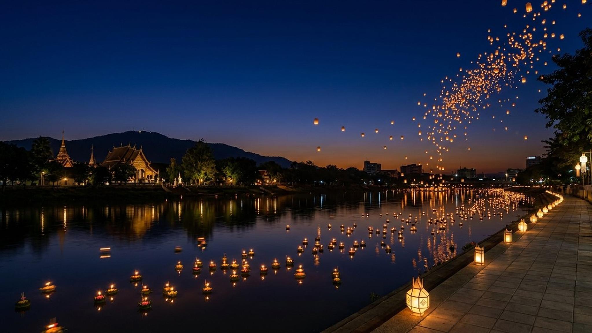 Yi Peng Loy Krathong festival at dusk with sky and river lanterns.