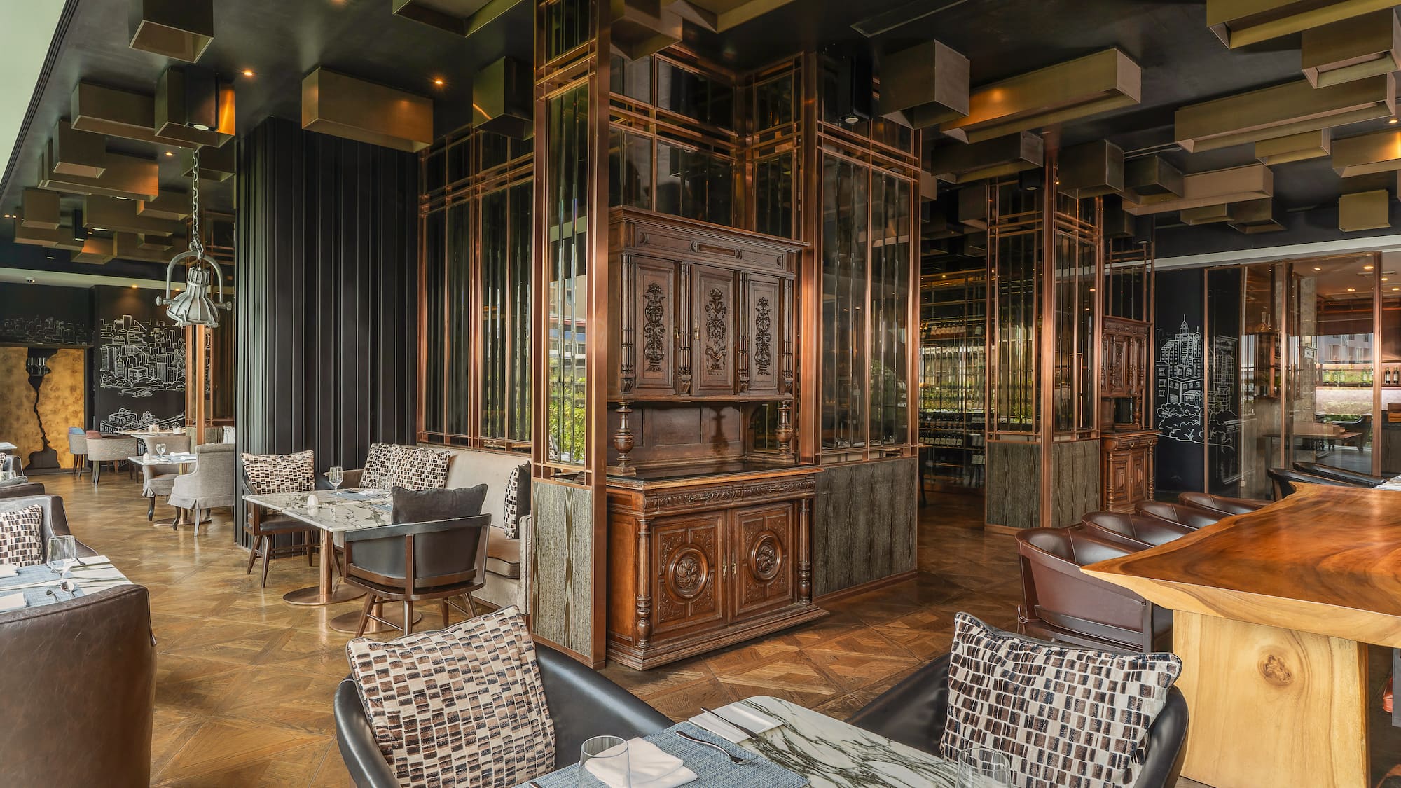 Luxury restaurant interior with marble tables, copper accents, and wooden cabinets. - Scalini, Ιταλική κουζίνα - The Kasem House Bangkok Hotel Affiliated by Meliá, Μπανγκόκ