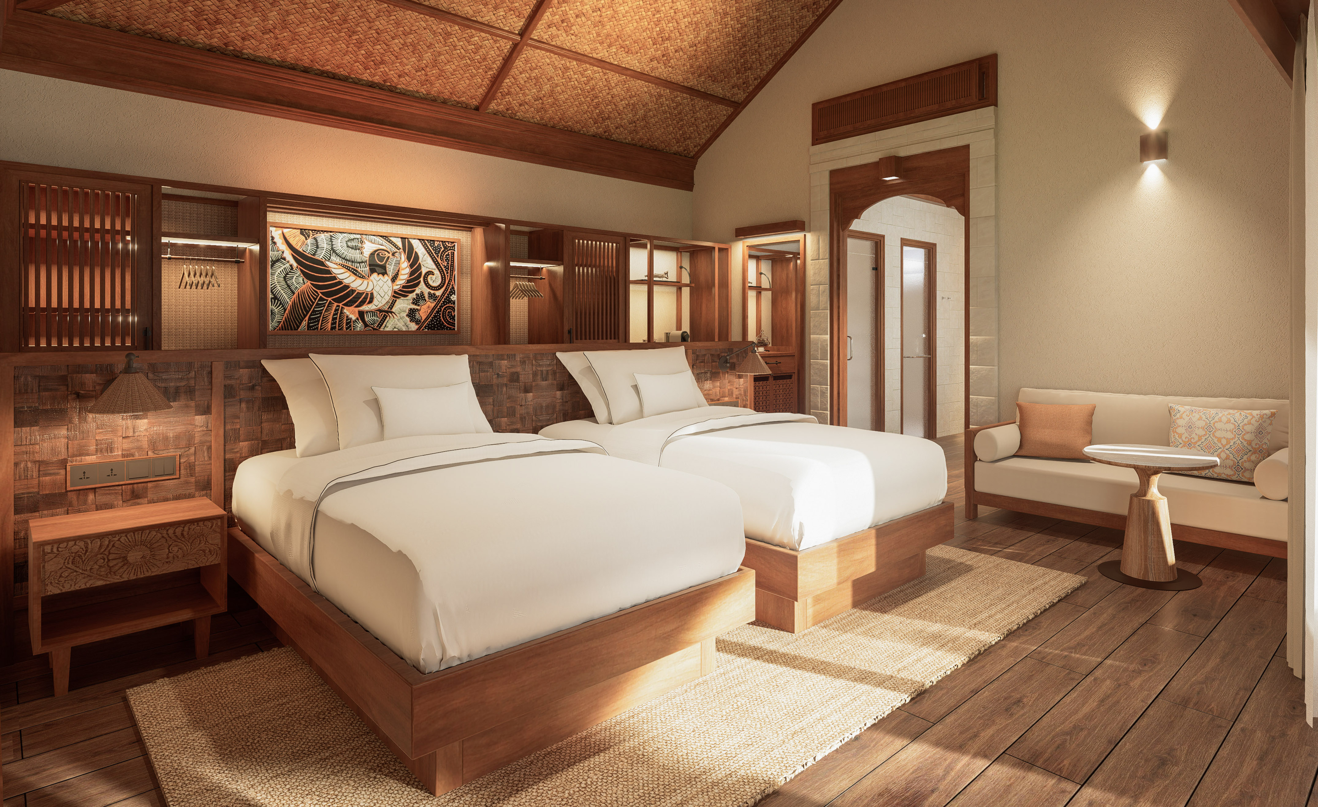 a room with two beds and a chair