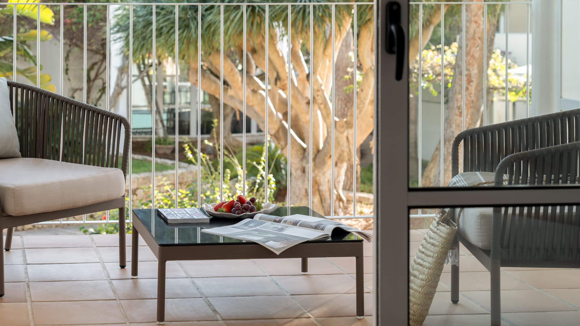 a table and chairs on a patio