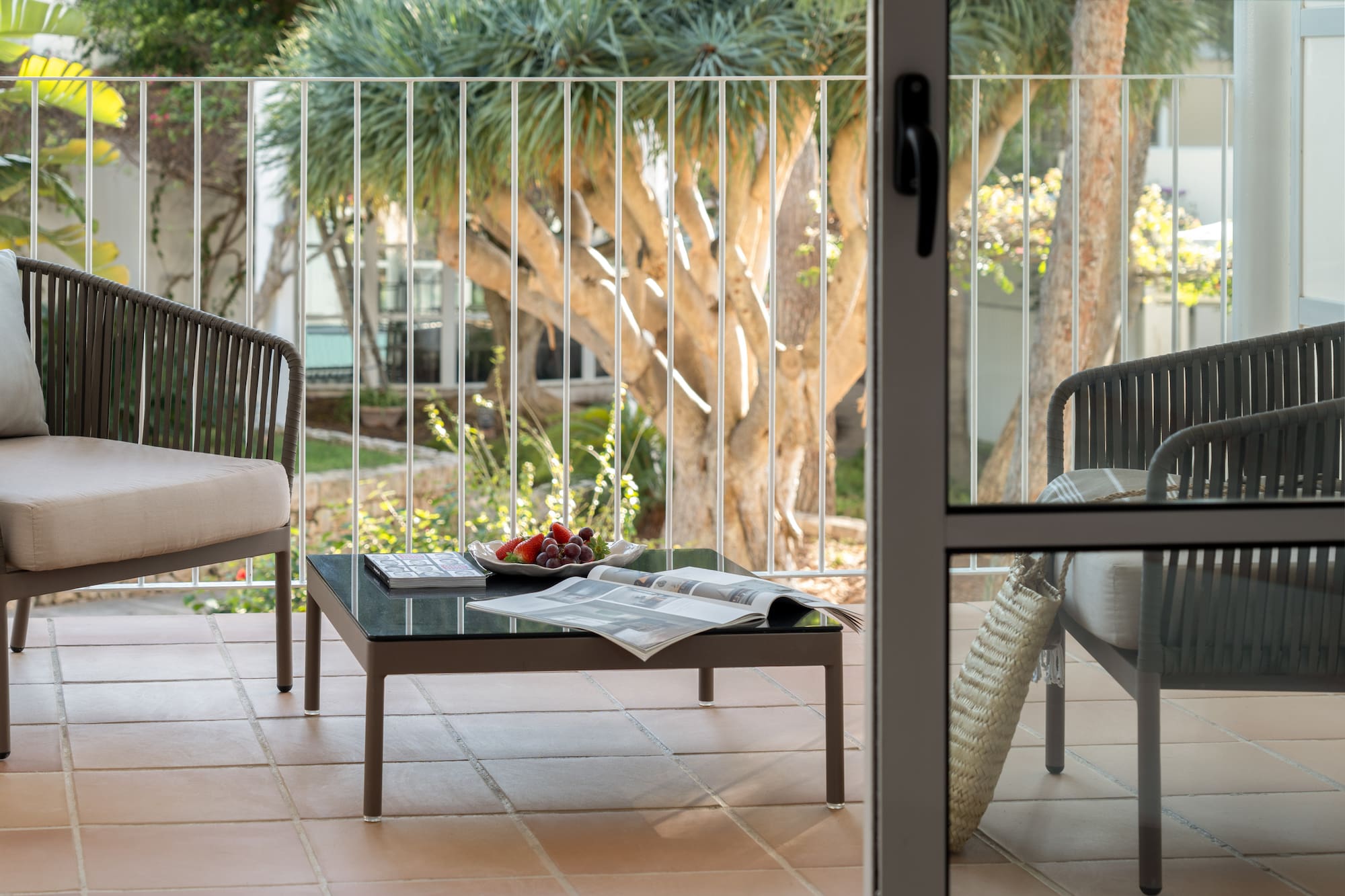 a table and chairs on a patio