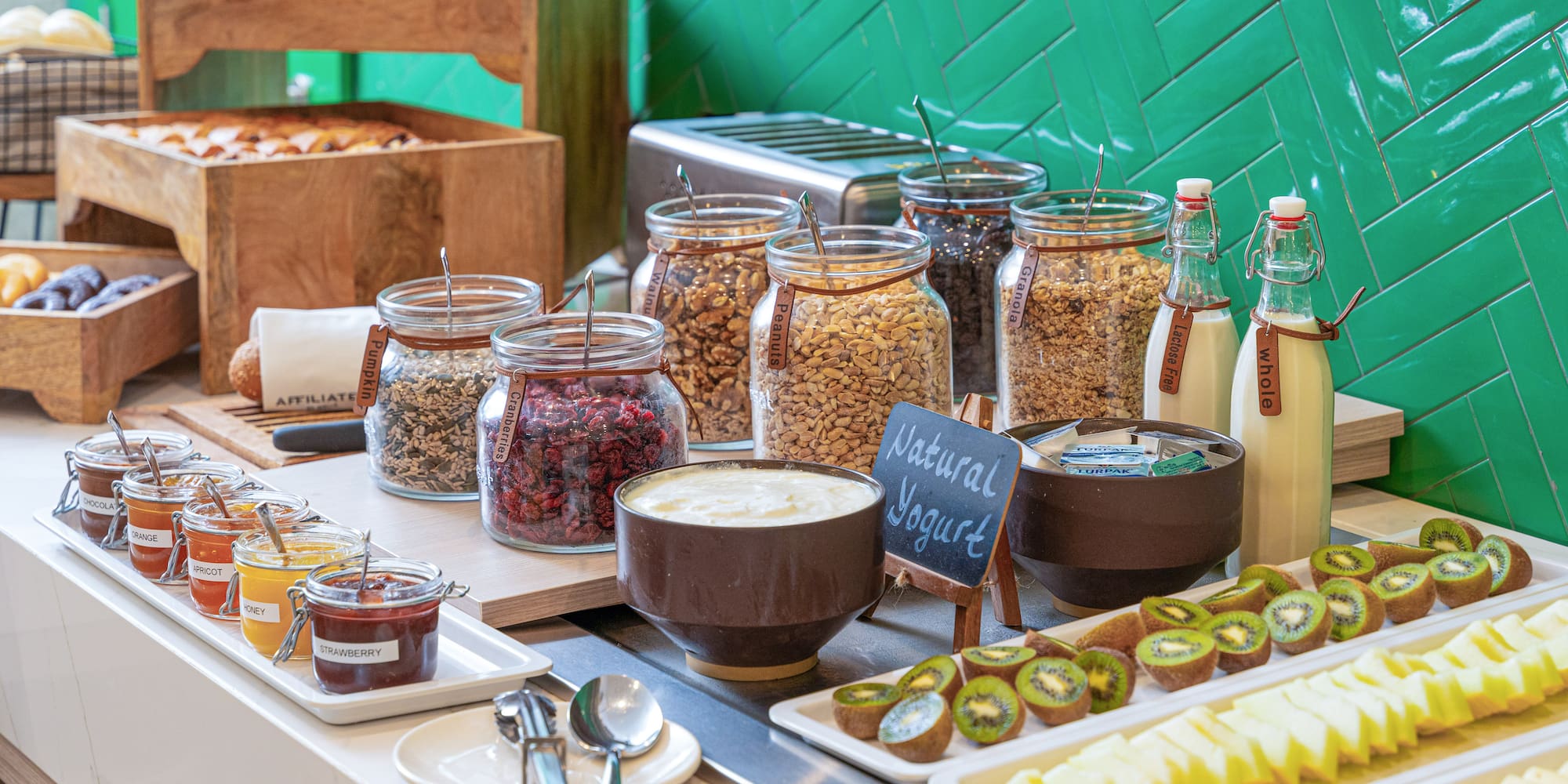 a buffet table with different foods