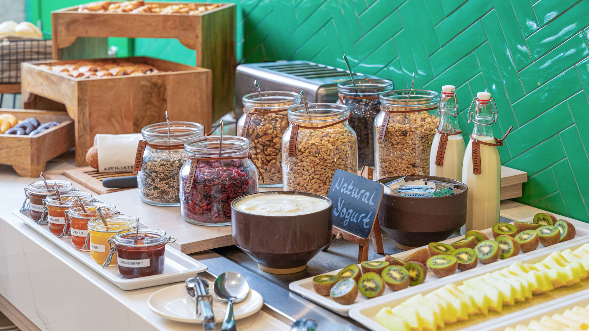 a buffet table with different foods