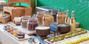 a buffet table with different foods
