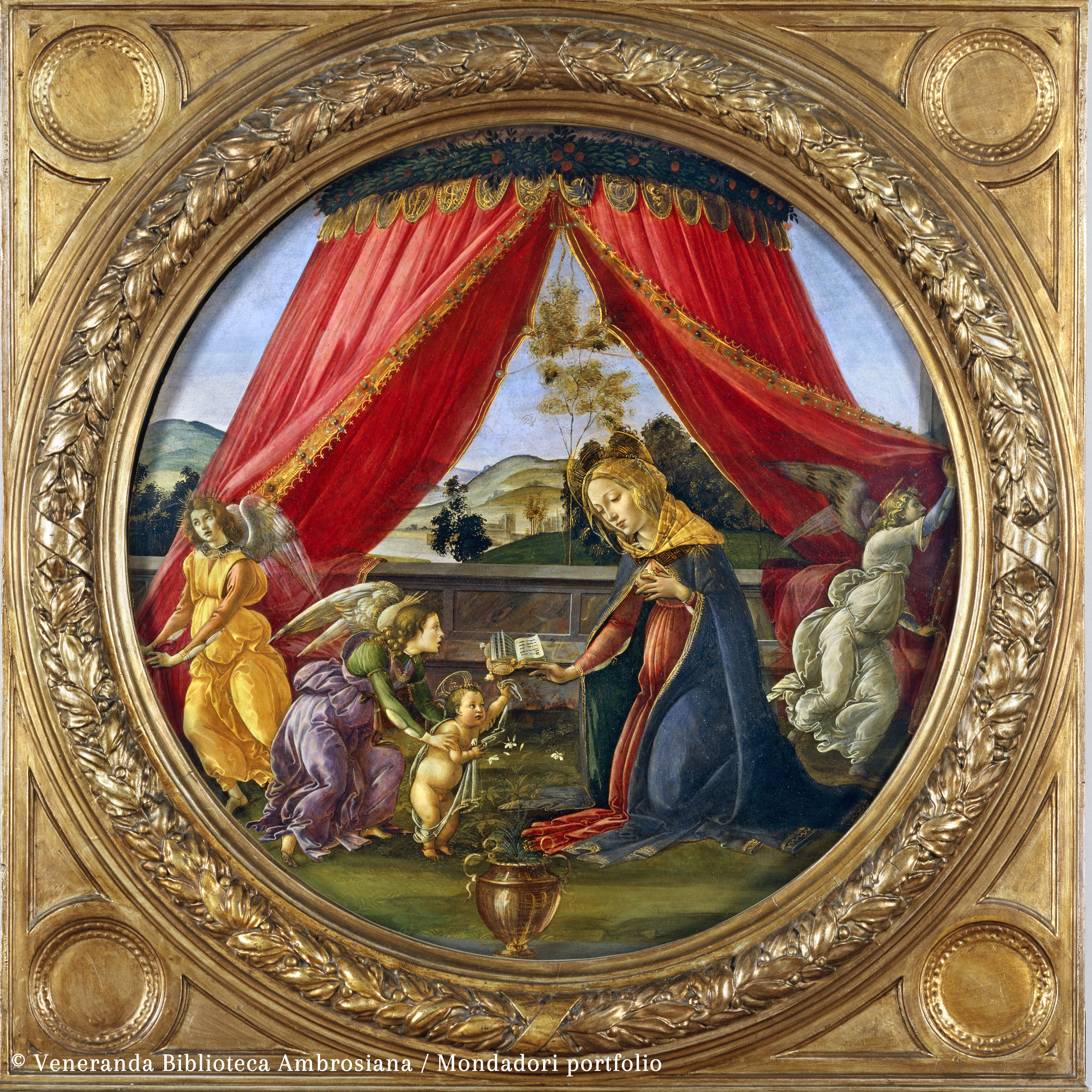 a painting of a woman with a child and angels in a gold frame