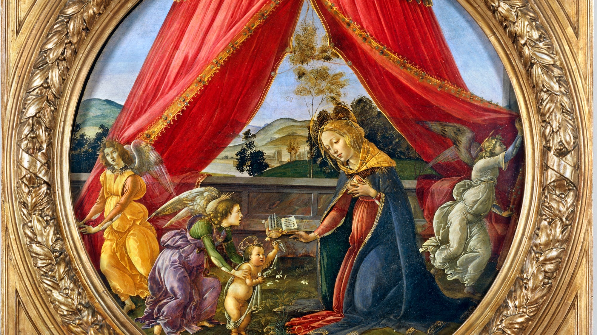 a painting of a woman with a child and angels in a gold frame