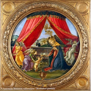 a painting of a woman with a child and angels in a gold frame