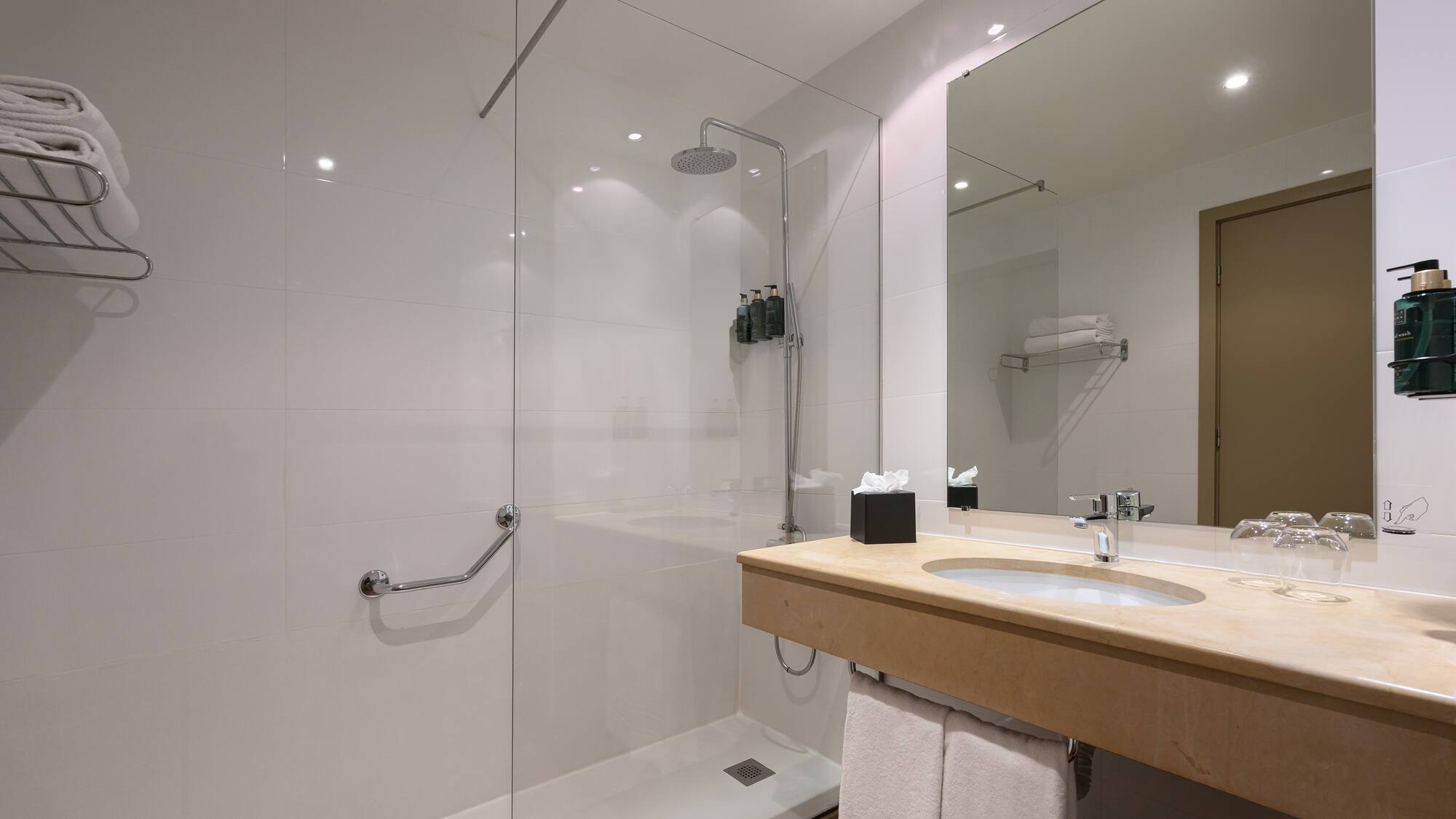 a bathroom with a shower and sink