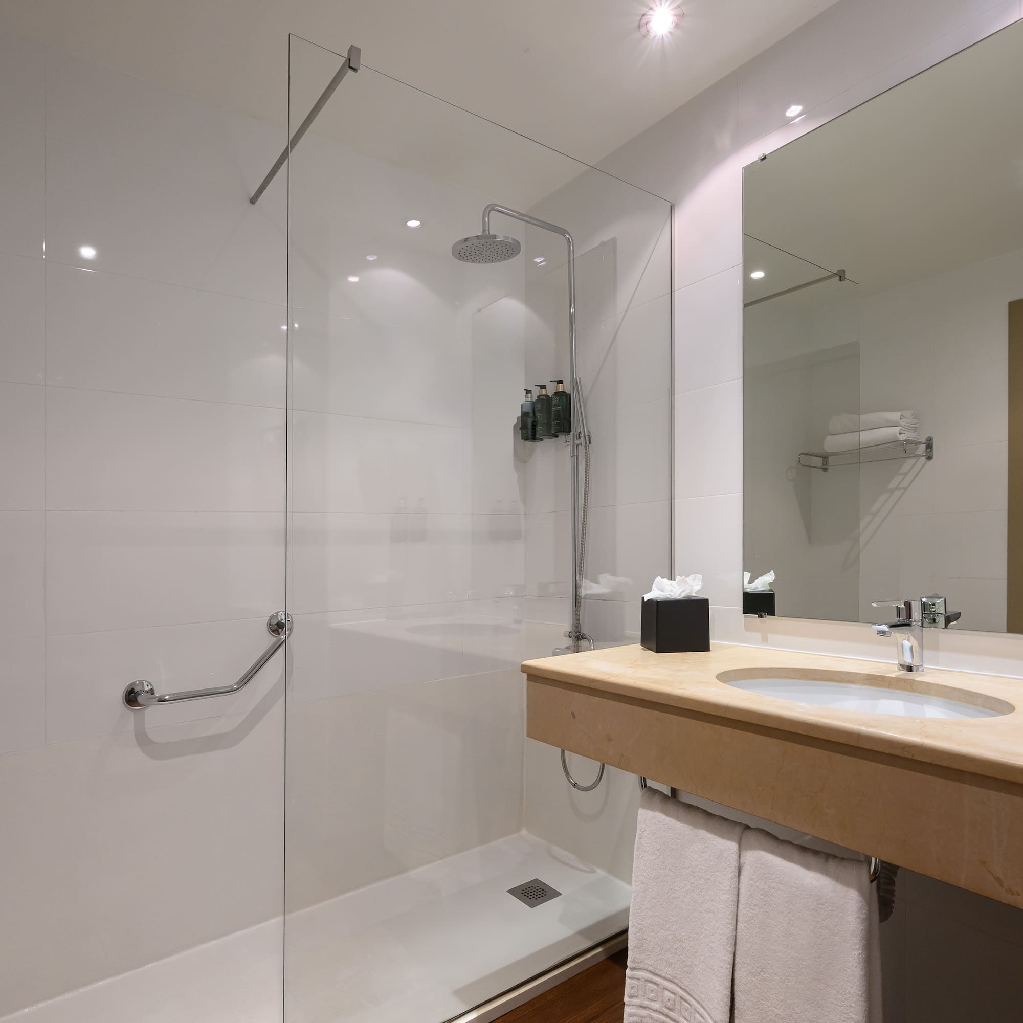 a bathroom with a shower and sink