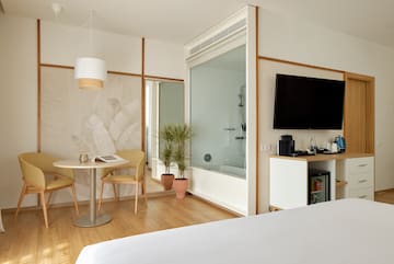 a room with a tv and a bathtub