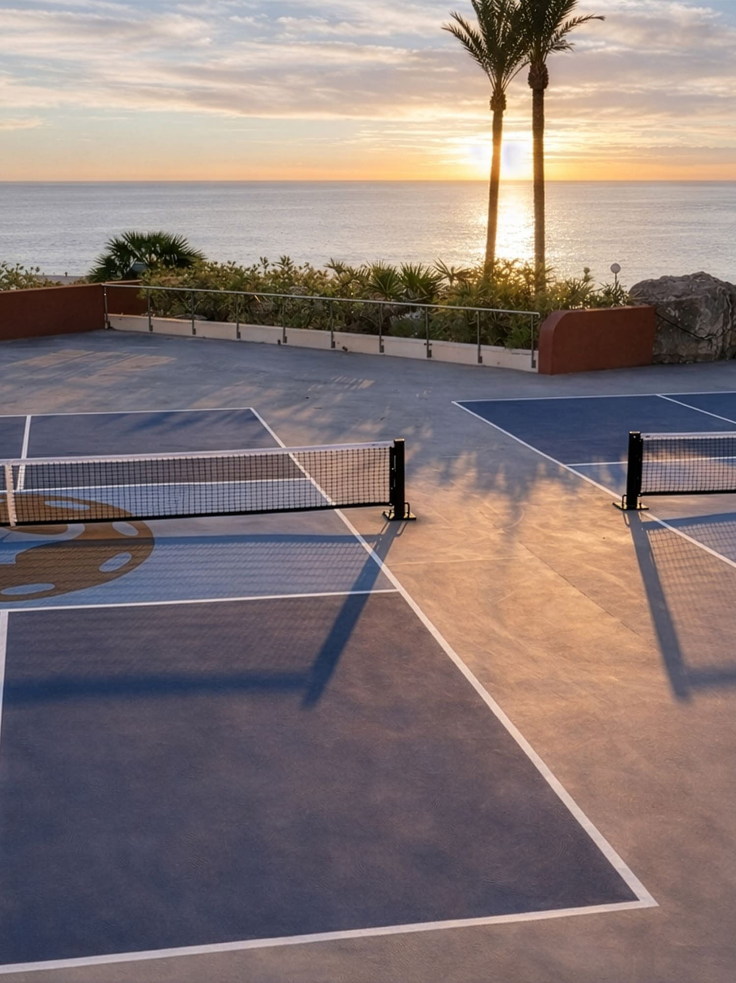 a tennis court with a view of the ocean