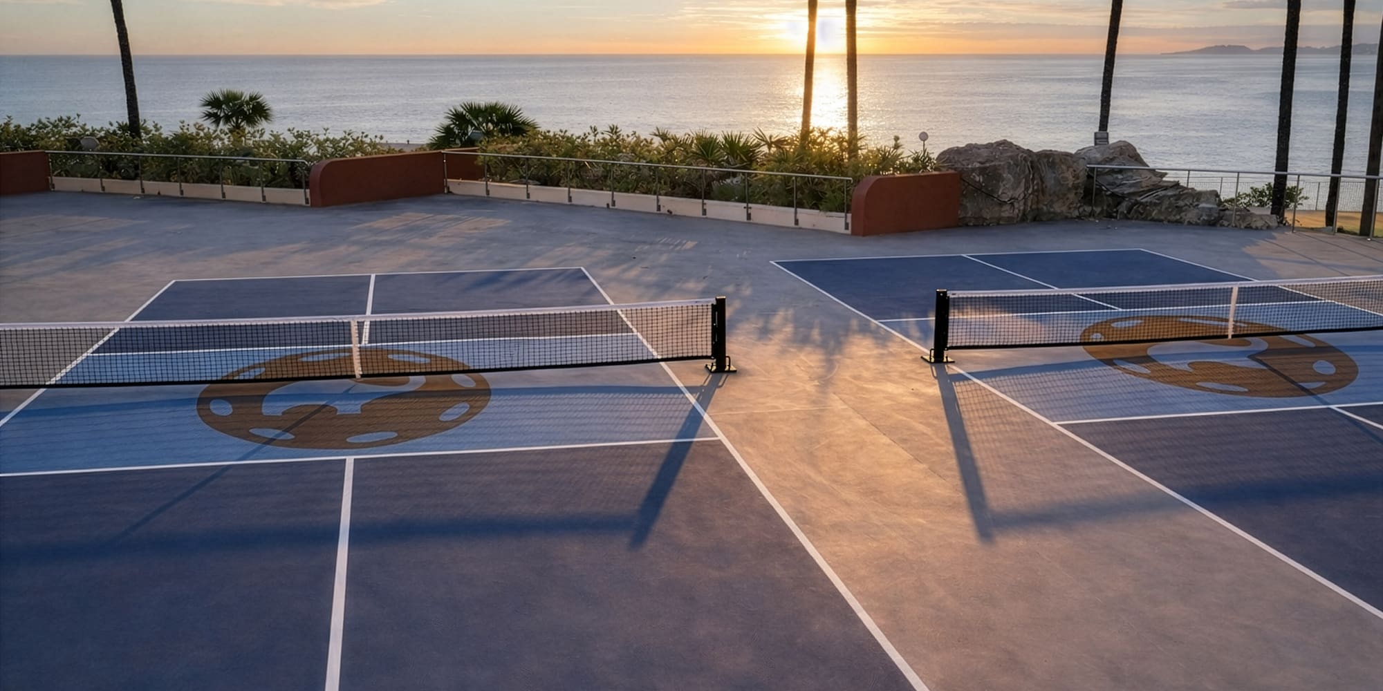 a tennis court with a view of the ocean