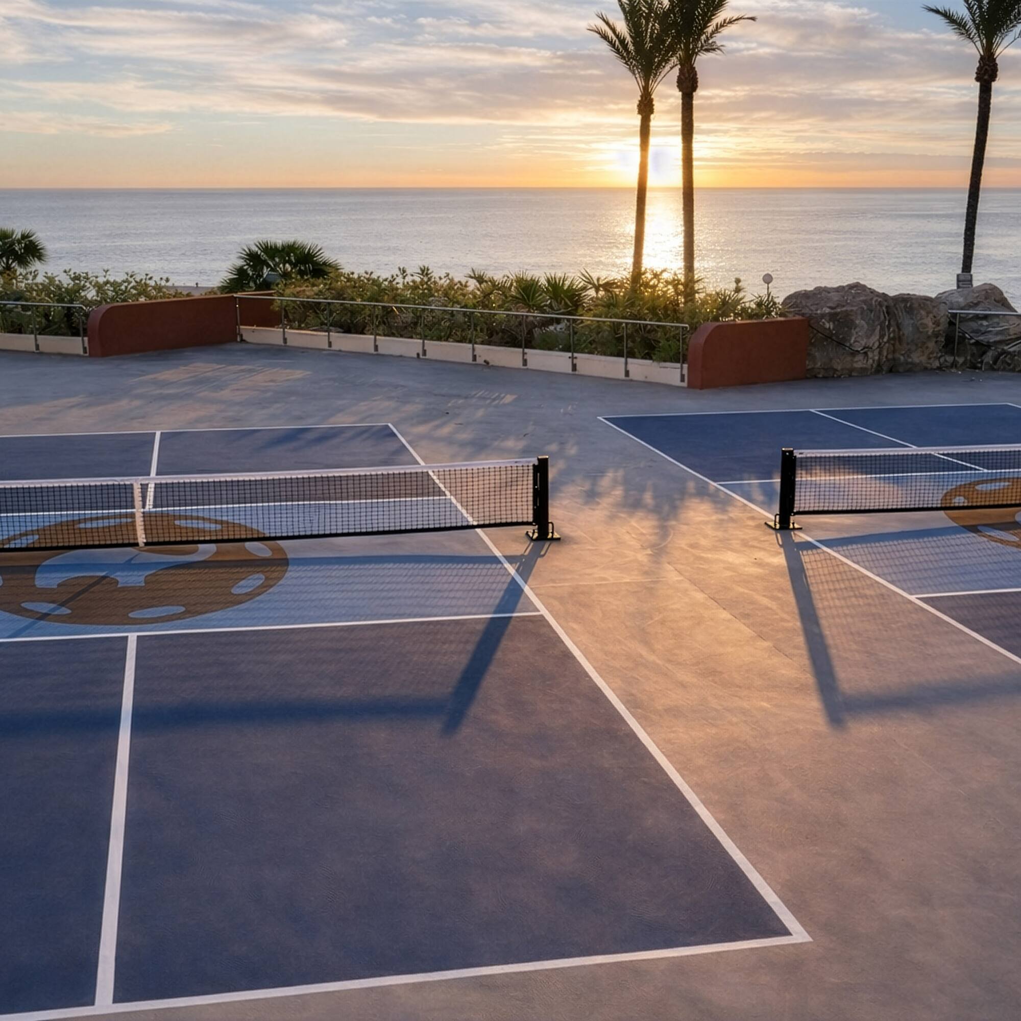 a tennis court with a view of the ocean
