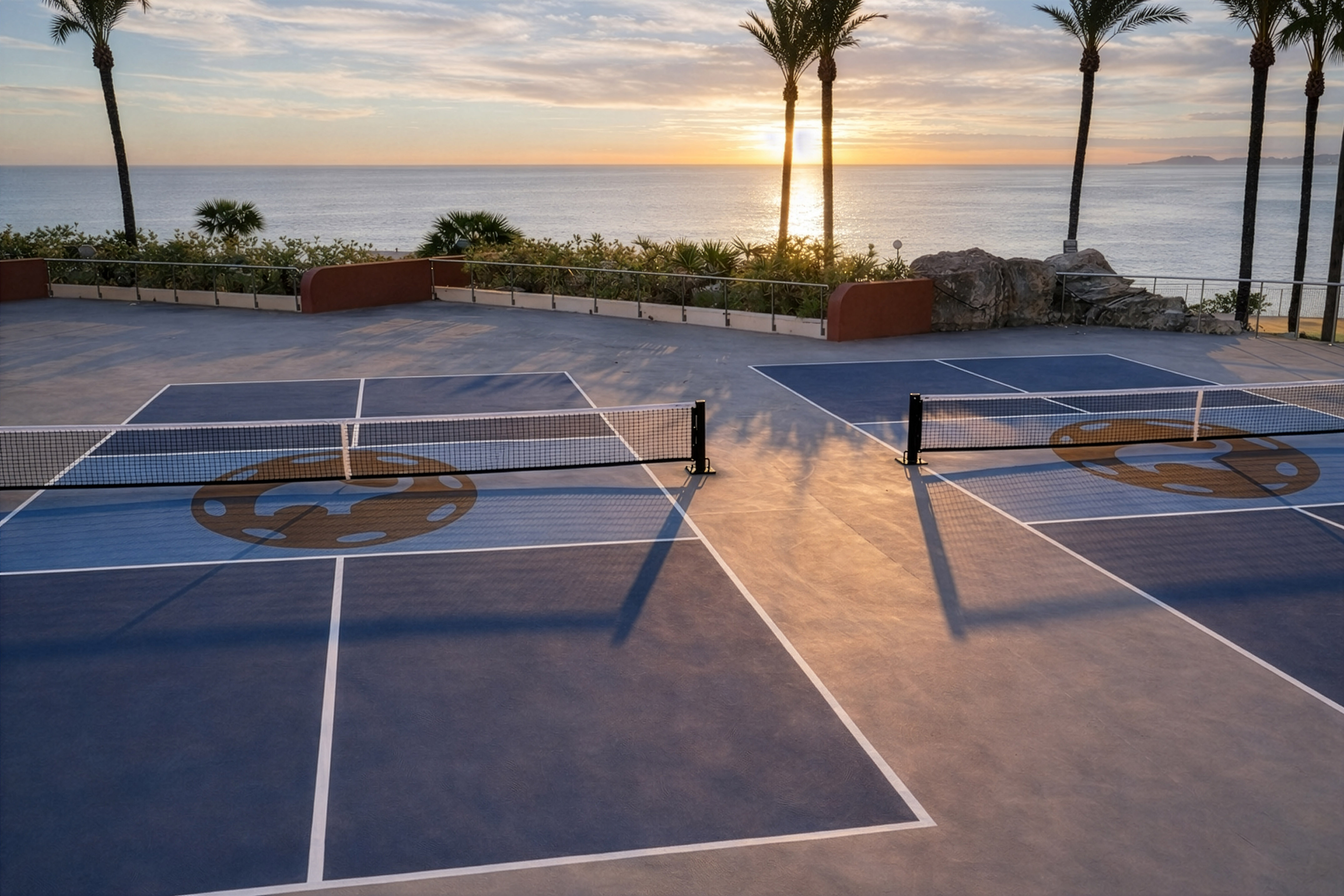 a tennis court with a view of the ocean