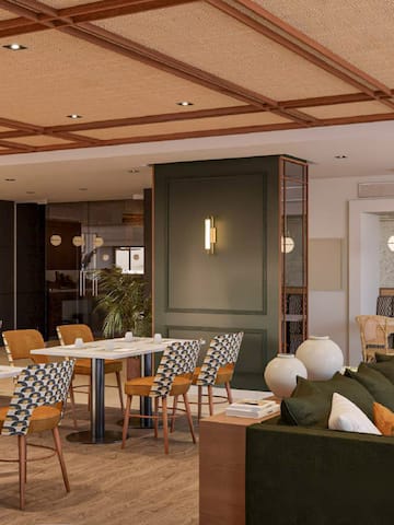 a room with tables and chairs