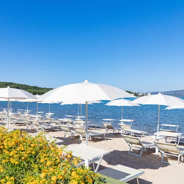 a beach with chairs and umbrellas