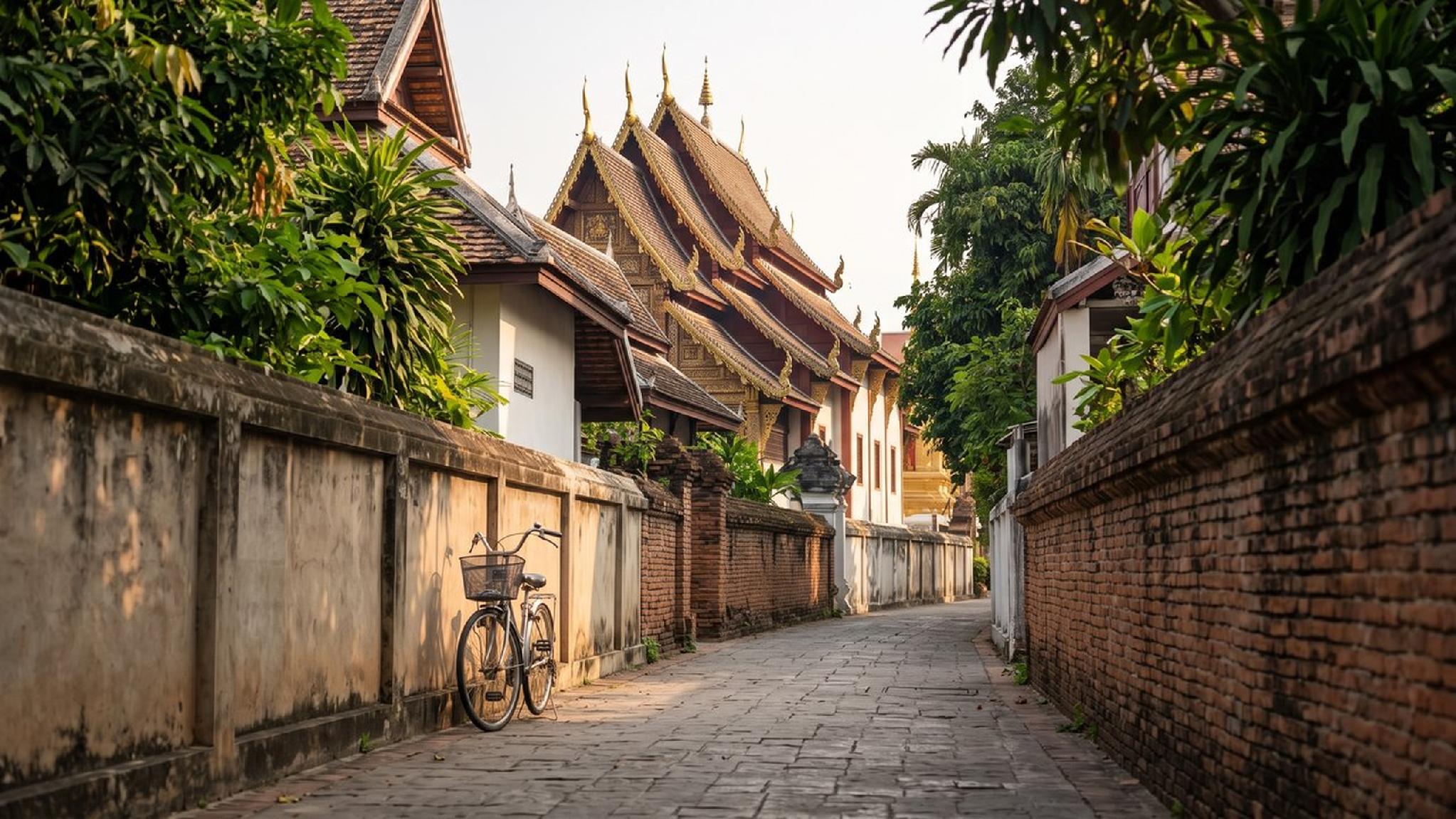 Bicycle on a paved Thai street with traditional temple architecture and walls.
