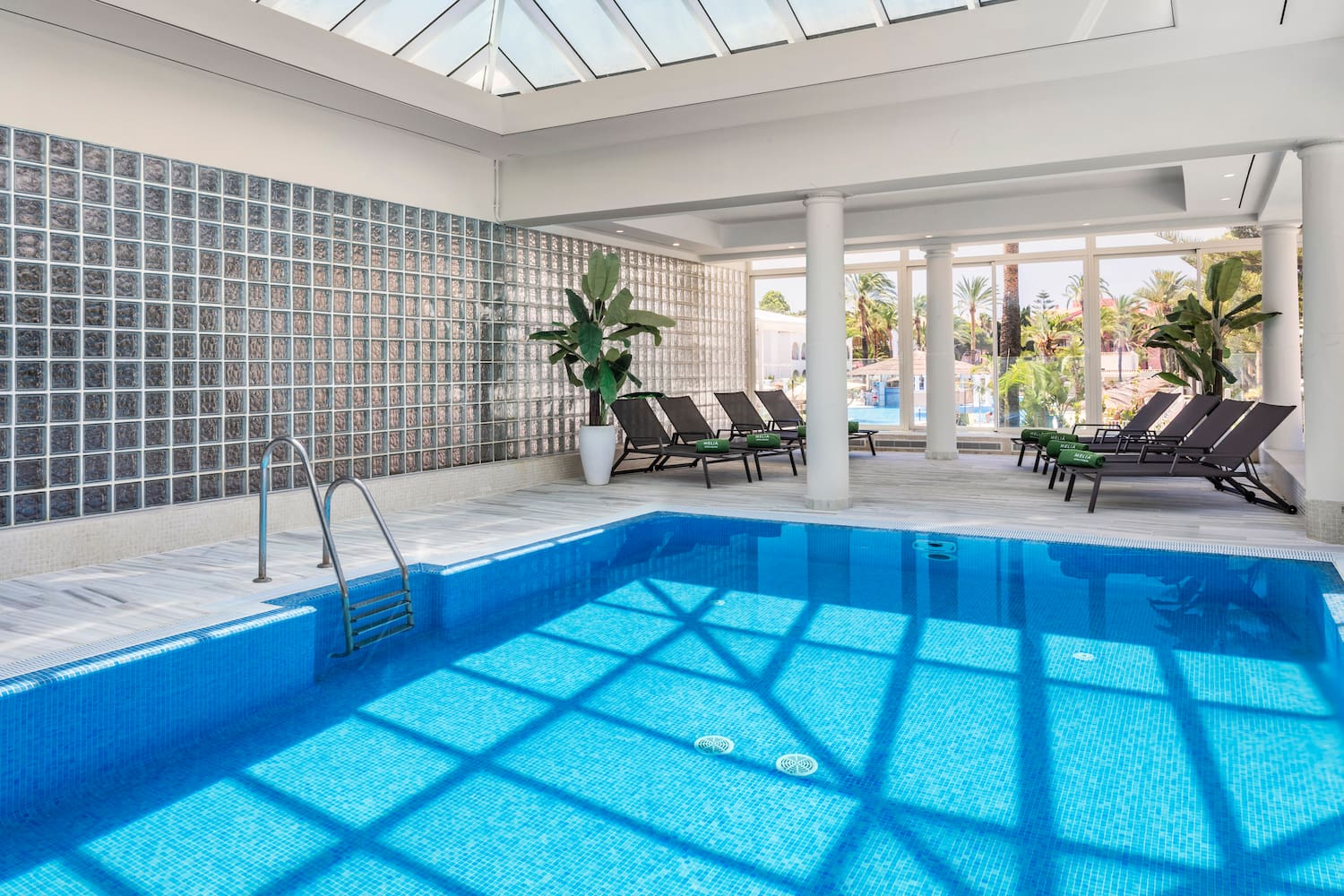 a swimming pool inside a room