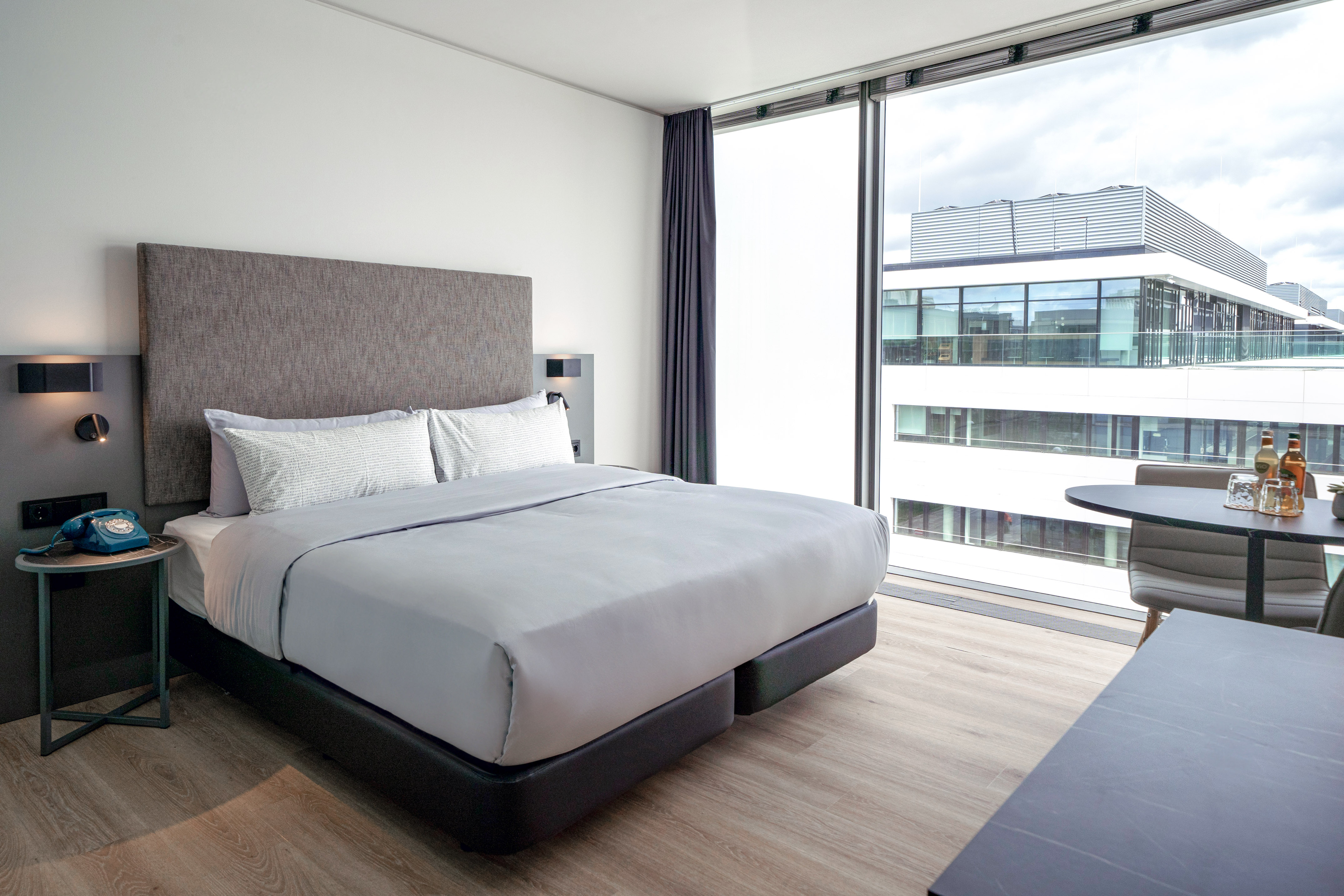 a bed with a large window