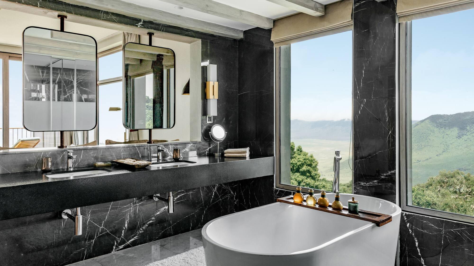 a bathroom with a tub and a sink