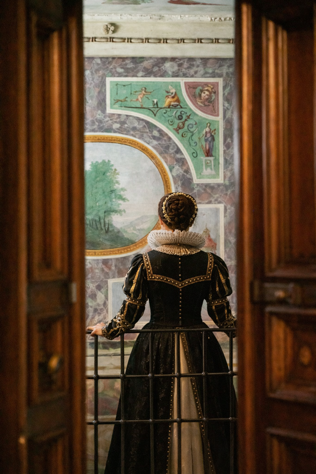 Woman in historical black gown with ruff collar looking at renaissance fresco.