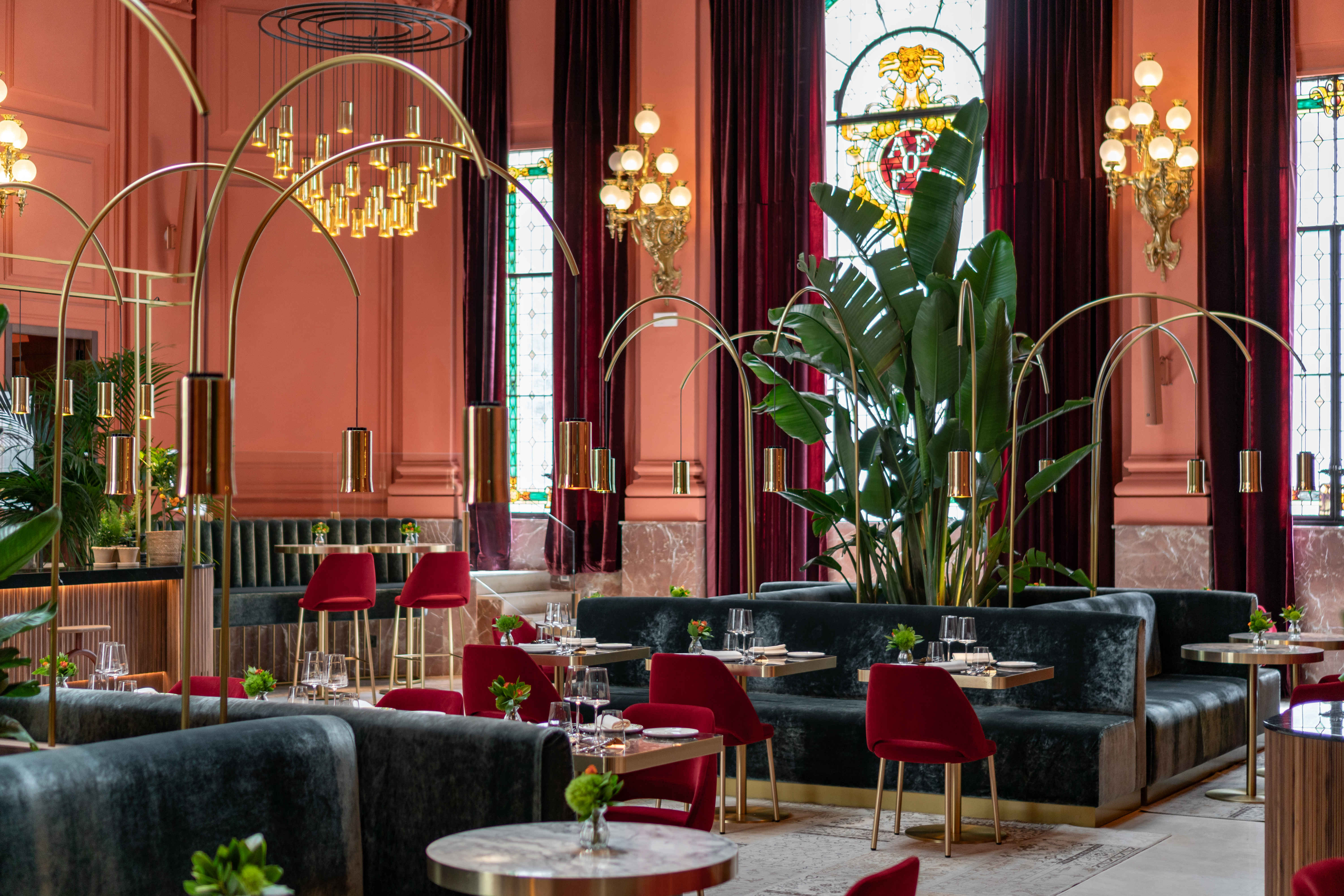 a room with tables and chairs and a large plant