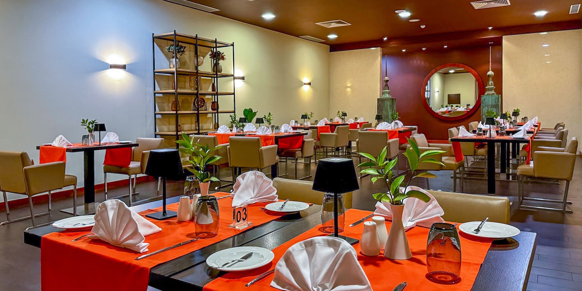 a room with tables and chairs