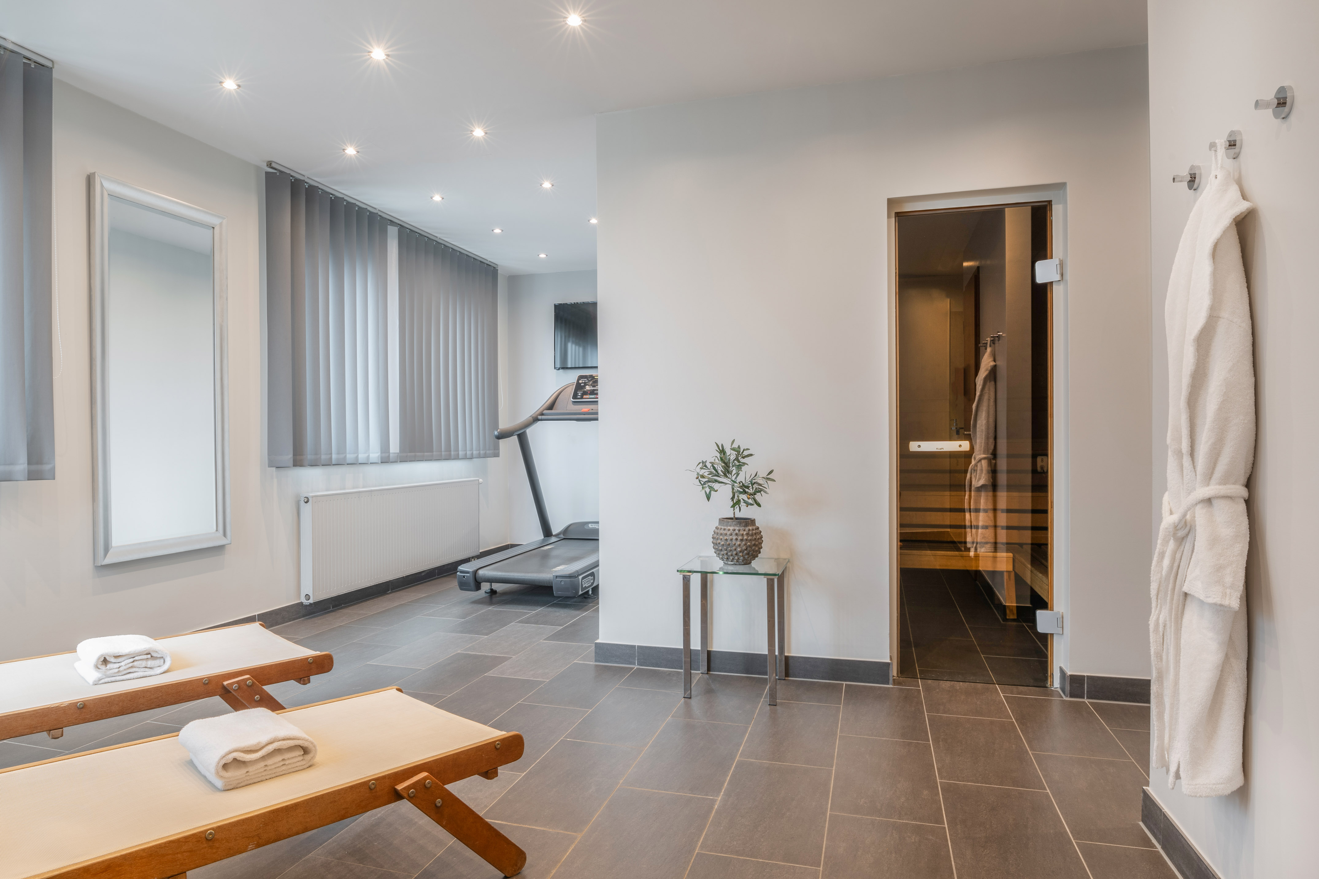 Modern hotel wellness room with sauna, treadmill, and lounge area.