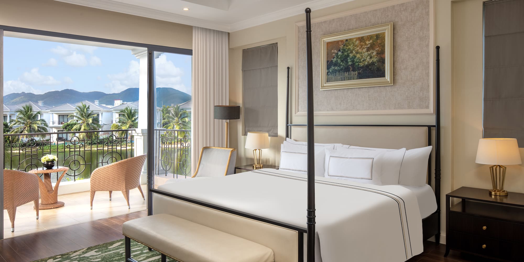 a bedroom with a bed and a balcony