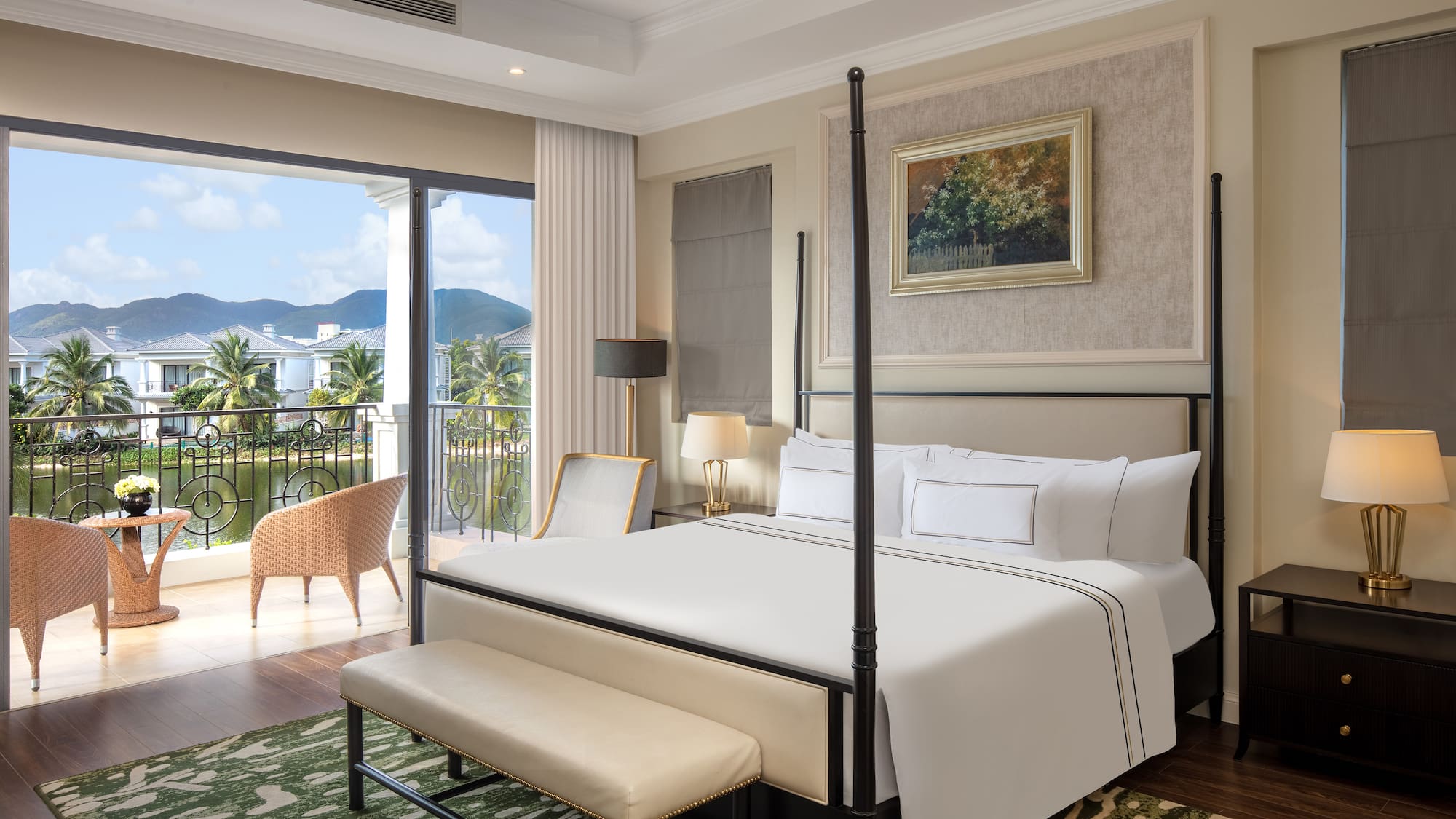 a bedroom with a bed and a balcony