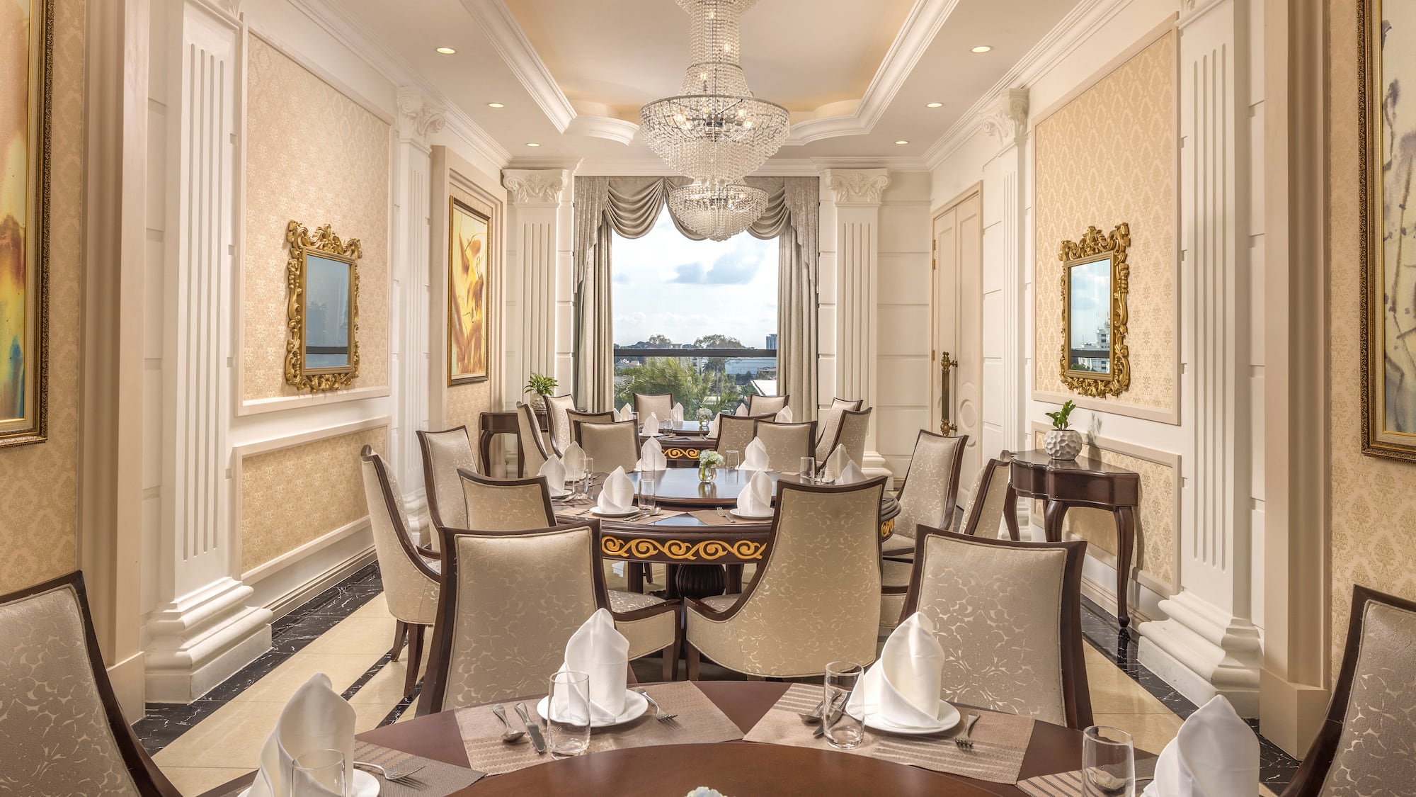 a room with a table and chairs