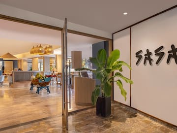 a glass door with a plant in it